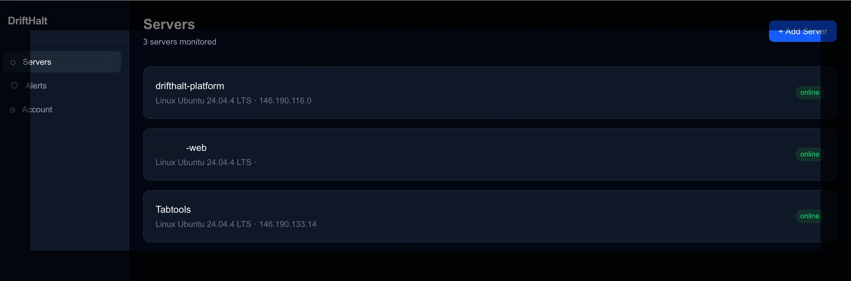 DriftHalt server list showing all monitored servers with status indicators