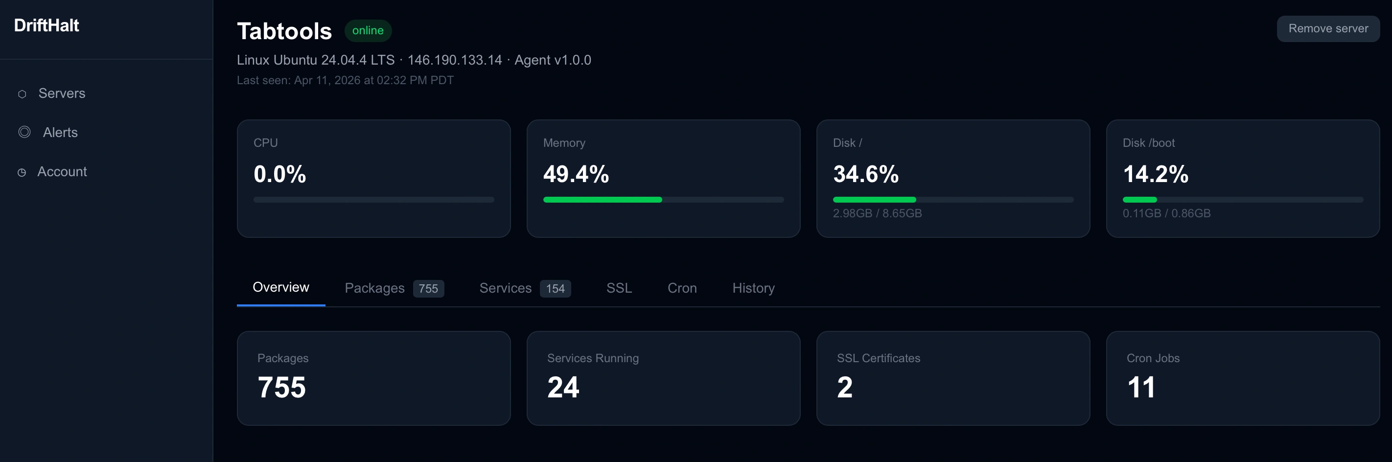 Server overview showing CPU, memory and disk gauges